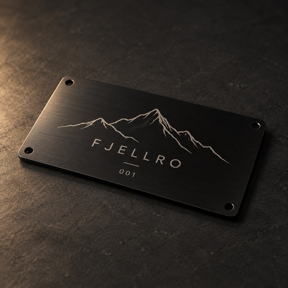 AI-visualisering: svart aluminiumsskilt med fjellmotiv og teksten FJELLRO