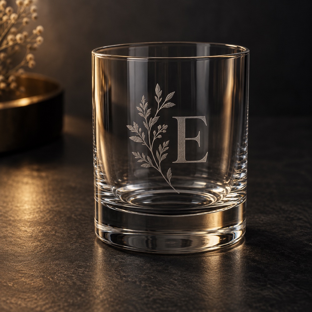 AI-visualisering: glass med frostet botanisk gravering og initialen E