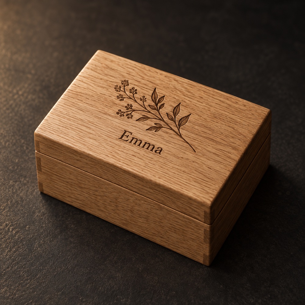 AI-visualisering: eikeeske med gravert blomstermotiv og navnet Emma